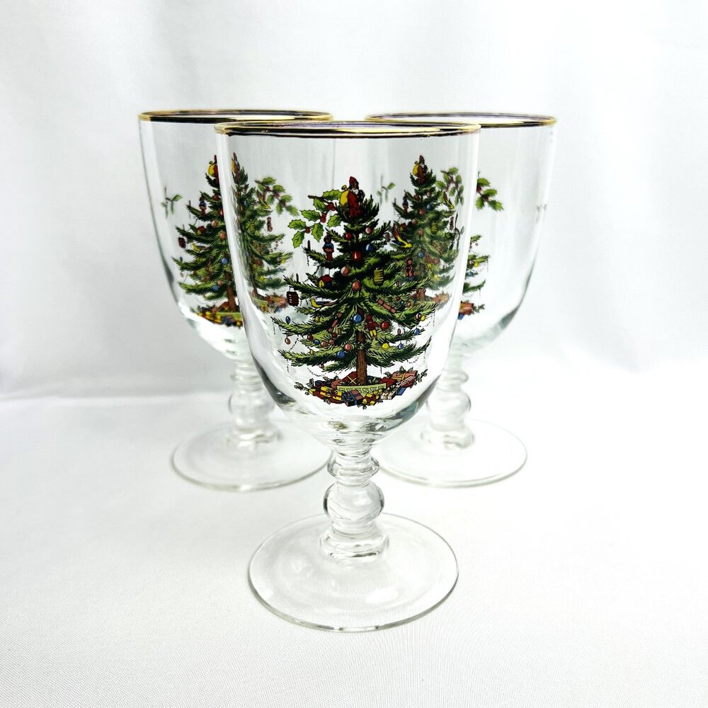 Spode Christmas Tree Vintage Pedestal Goblets Holiday Glasses Gold 16 oz 3 pcs.
